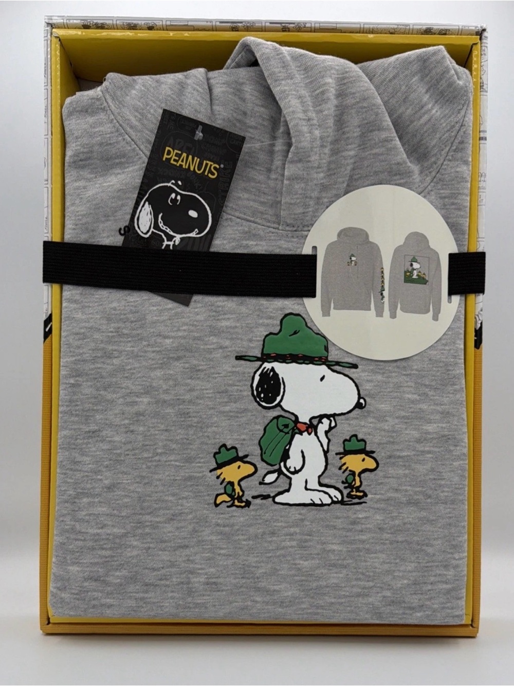 Peanuts Grey Hoodie with Snoopy and Woodstock in Green Hats - Camping - Small